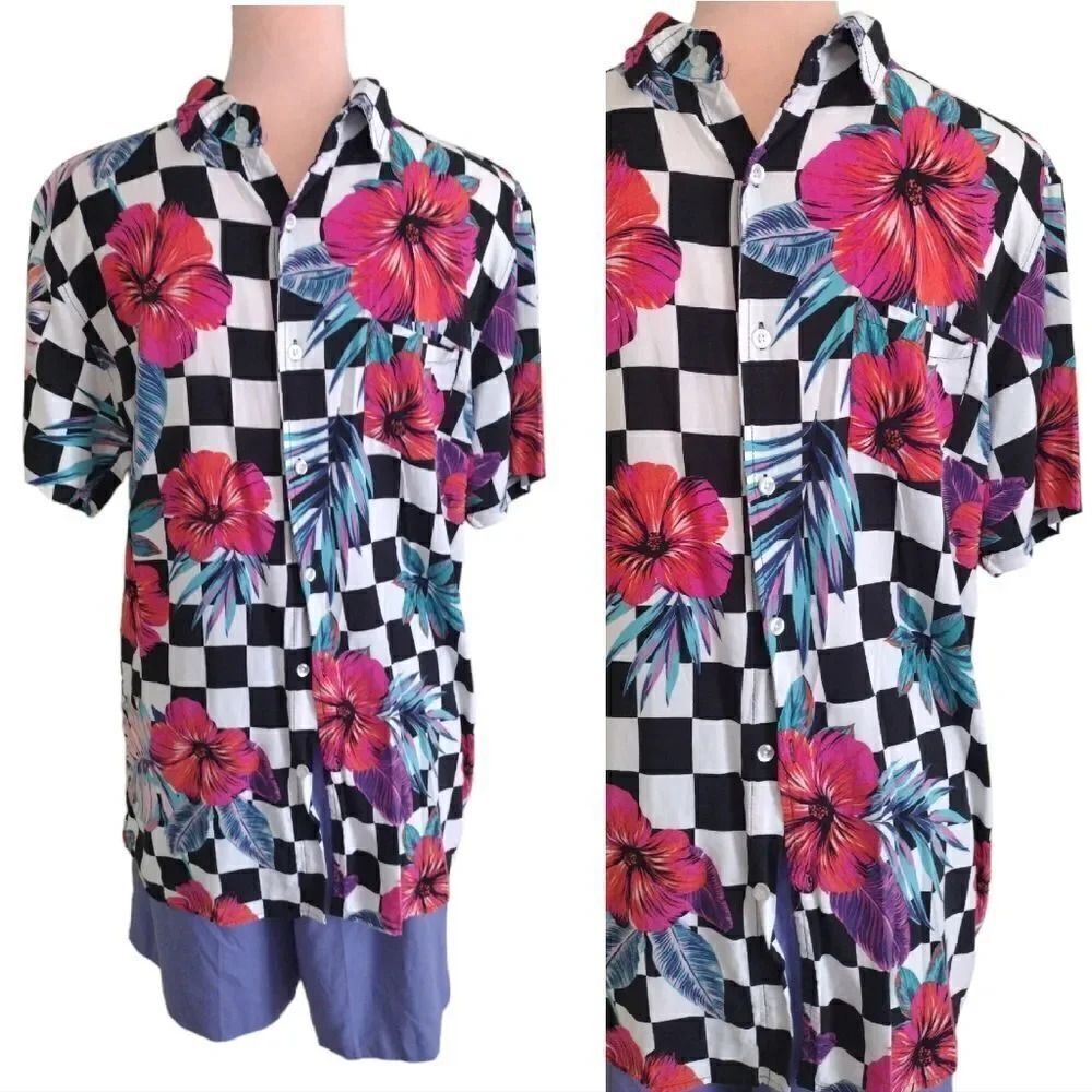 Y2K Reason Floral Check Printed Short Sleeve Button Up Top Men's Large